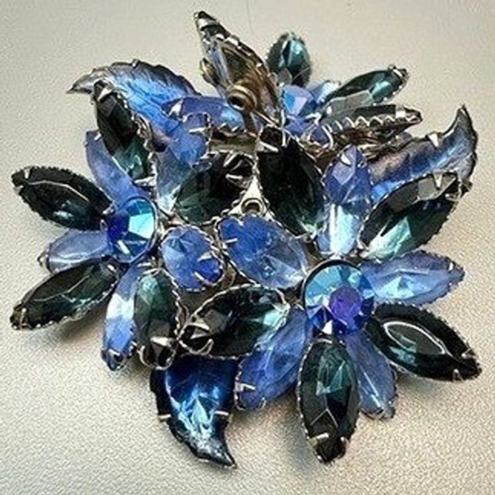 Vintage Layered Blue Rhinestone Floral Brooch Large Layered Molded Glass 3D